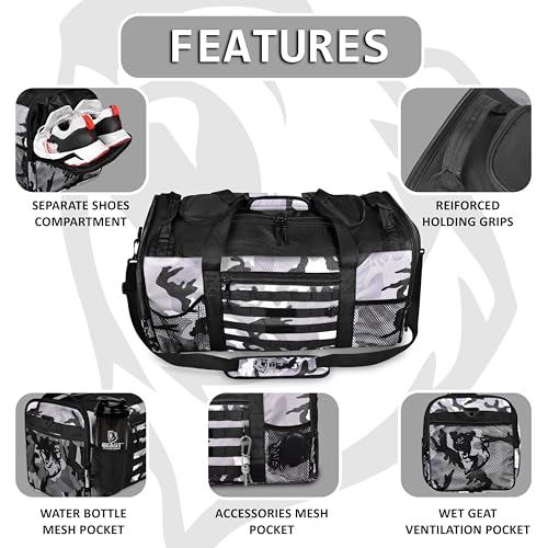 Beast Power Gear Gym Duffle Bag- Workout, Boxing, MMA, Sports Bag with Shoes Compartment and Adjustable Shoulder Strap for Men and Women (Gray Camo) - color: Gray Camo