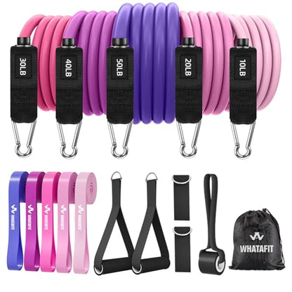 WHATAFIT Resistance Bands with Handles, 5-Level Exercise Bands for Workout - color: Pink Purple 16PCS