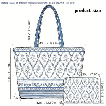 Quilted Tote Bag 2 Pack, Women's Tote Handbags for Work Travel - color: Pale Indigo Blue