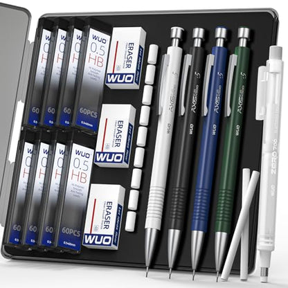 WUO 0.5 mm Mechanical Pencils with Eraser Pen Storage Case, 4 PCS | Metal Drafting Pencil Set, 480 HB Lead Refills, 3x4B Erasers, 11 Eraser Refills for Artist Writing Drawing Sketching - color: Multicolor1 - 0.5mm (4 Pack)
