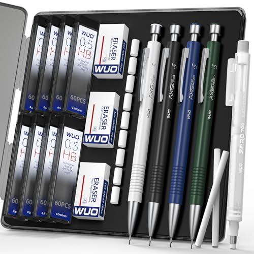 WUO 0.5 mm Mechanical Pencils with Eraser Pen Storage Case, 4 PCS | Metal Drafting Pencil Set, 480 HB Lead Refills, 3x4B Erasers, 11 Eraser Refills for Artist Writing Drawing Sketching - color: Multicolor1 - 0.5mm (4 Pack)