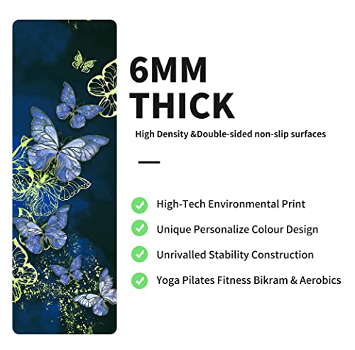 nuveti Yoga Mat Print Extra Thick TPE Non Slip Fitness Exercise Mat with Carrying Bag,72"x24" Extra Thick 6MM Exercise & Workout Mat for Yoga, Pilates Fitness and Floor Exercises - color: Butterfly