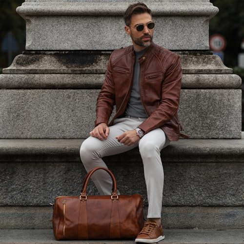 Time Resistance Leather Duffel Bag - Large Weekend Gym Travel Bag (Cognac Brown) - color: Brown