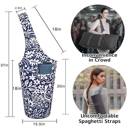Yoga Mat Bag Carrier for Women with Side Large Pocket Durable Linen Workout Gym Travel Storage Pilates Mats - color: Chinoiserie