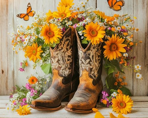 Paint by Numbers Kit for Adults, Cowgirl Boots Sunflower, 16 x 20 Inch | DIY Adult Paint by Number Kit on Canvas for Beginners, without Frame, Western Farmhouse Wall Decor, Stress Relief Craft Gift - color: TRTDNF1P407