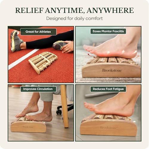 Brookstone Foot Massager Roller Plantar Fasciitis Pain Relief - Wooden Under Desk Feet Massage - Dual Manual Heel Massagers - Wood Rolling Acupressure Tool with Reflexology Guide - Gift for Men, Women