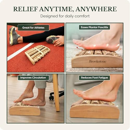 Brookstone Foot Massager Roller Plantar Fasciitis Pain Relief - Wooden Under Desk Feet Massage - Dual Manual Heel Massagers - Wood Rolling Acupressure Tool with Reflexology Guide - Gift for Men, Women