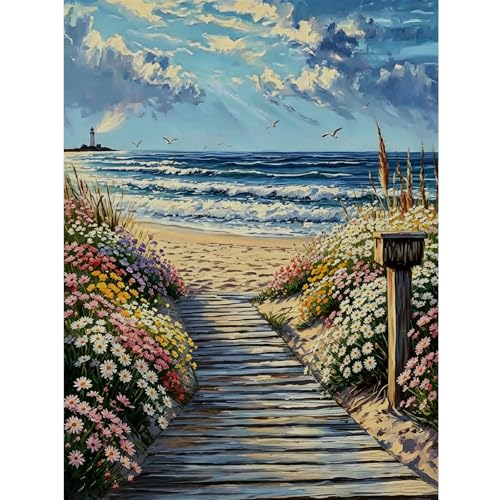 DIYDECORFUN Diamond Art Kits for Adults, Beach Scene Diamond Painting Round Full Drill, Gem Art Kit for Crafts and Home Wall Decor, Road and Sea Diamond Dots Kit for Beginners, 12x16 Inch - color: QD148