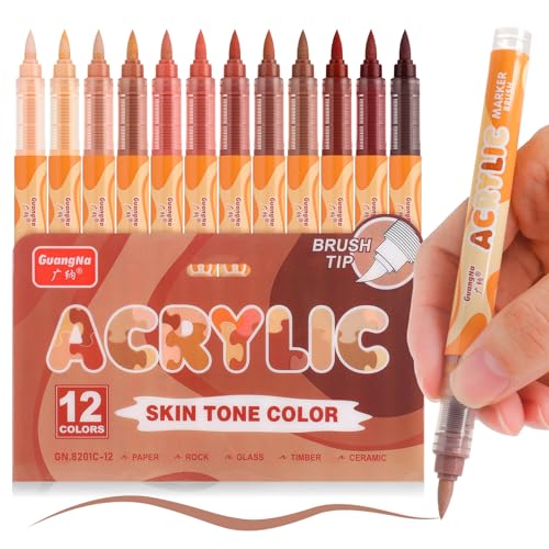 kander Guangna Acrylic Paint Markers 12 Colors, Skin Tone Series Set with Soft Brush Tip Water Based, Fine Tip Markers for Wood, Canvas, Rock Painting, Glass, Diy Crafts, Fabric Paint - color: Red Brown