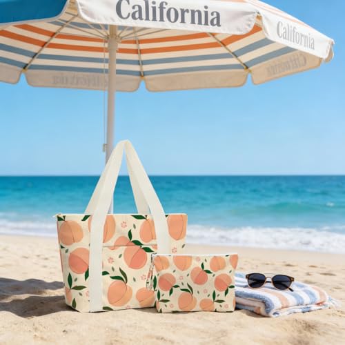 IAXIC Waterproof Tote Bag and Wet Bag Set, Summer Pattern Design for Beach Travel Gym Holiday Gifting - color: Peach