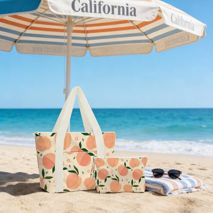 IAXIC Waterproof Tote Bag and Wet Bag Set, Summer Pattern Design for Beach Travel Gym Holiday Gifting - color: Peach