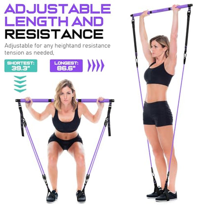 Pilates Bar Kit with 6 Latex Resistance Bands, Adjustable Exercise Bar - color: Purple