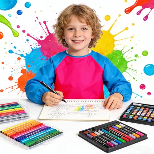 2 Pack Kids Art Smock Waterproof with Long Sleeve and 3 Roomy Pockets Artist Children Aprons for Toddlers Age 3-8 Painting Crafts(Rose Red0 - color: 2 Pack Rose Red