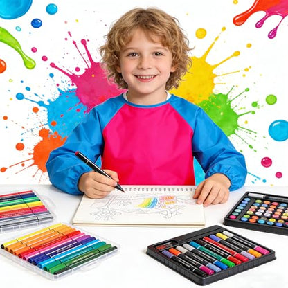 2 Pack Kids Art Smock Waterproof with Long Sleeve and 3 Roomy Pockets Artist Children Aprons for Toddlers Age 3-8 Painting Crafts(Rose Red0 - color: 2 Pack Rose Red