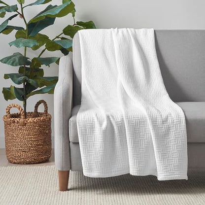Arkwright Basket Weave Throw Blanket - 100% Ringspun Cotton All Season Throws, Luxury Hotel Quality, Soft on Skin, Breathable, 300 GSM for Bed, Sofa, and Chair, 50 X 70 in, White - color: Bright White, size: Throw (50x70)