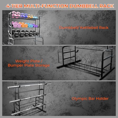 Upgraded XL Adjustable Weight Rack for Dumbbells - Barbell Holder Bumper Plate Storage Rack with 3 Olympic Bar Racks, Dumbbell Rack Weight Stand,Home Gym Storage Rack for kettlebells,Yoga Mat
