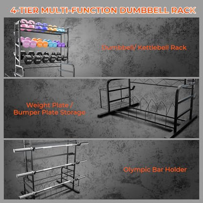 Upgraded XL Adjustable Weight Rack for Dumbbells - Barbell Holder Bumper Plate Storage Rack with 3 Olympic Bar Racks, Dumbbell Rack Weight Stand,Home Gym Storage Rack for kettlebells,Yoga Mat