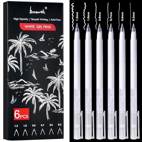 Brusarth White Gel Pens, 6 Sizes Fine Point Opaque Archival Ink Pens | Opaque White Archival Ink Pens for Black Paper Drawing, Sketching, Illustration, Bullet Journaling