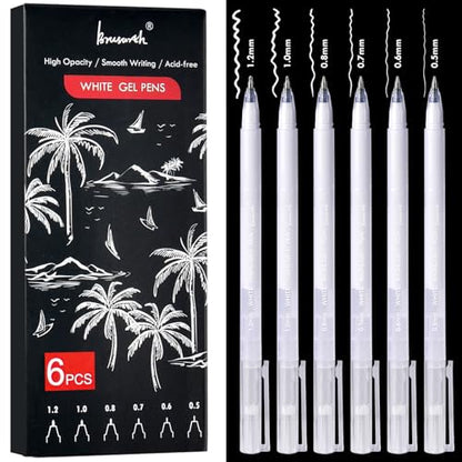 Brusarth White Gel Pens, 6 Sizes Fine Point Opaque Archival Ink Pens | Opaque White Archival Ink Pens for Black Paper Drawing, Sketching, Illustration, Bullet Journaling