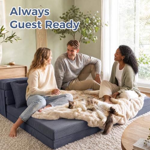Tri-Fold Futon Mattress, Foldable Floor Mat (Navy Blue) - color: Navy Blue, size: Queen (80"L x 60"W x 3"Th)