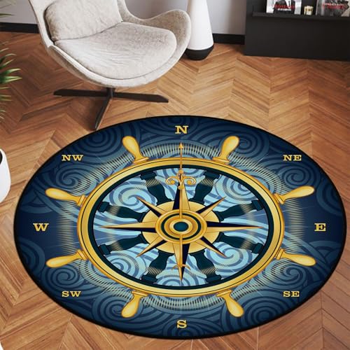 keepcute Compass Nautical Round Rug 5ft, Washable Non-Slip - color: Gold Compass Rose, size: 5' (Round)
