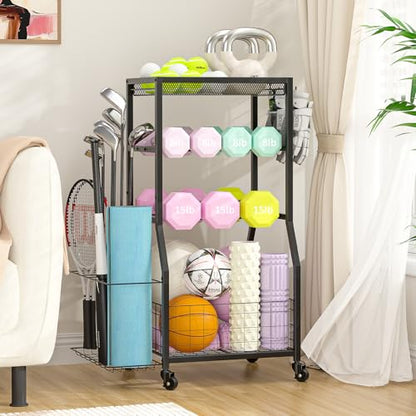Home Gym Storage Rack, Dumbbell Rack with Yoga Mat Storage, Weight Rack Stand with Lockable Wheels and Hooks, Home Workout Equipment Organizer for Yoga, Dumbbell, Kettlebells, Ball Storage - size: Small