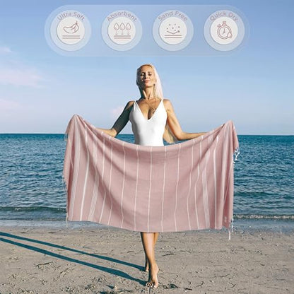 Ossano Turkish Beach Towel Quick Dry & Absorbent Oversized (39" x 71") - Lightweight, Versatile and Functional as Picnic and Beach Blanket, Yoga, Gym and Vacation Towels - Powder - color: Powder