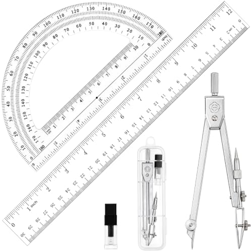 Coopay 3 Pcs Plastic 12 Inch Ruler, Clear Protractor and Compasses Set | Clear Ruler, Protractor and Compass set, Geometry, Durable, Drawing, Measuring, Math, Art, Classroom, School, Student - size: 3 Pcs set