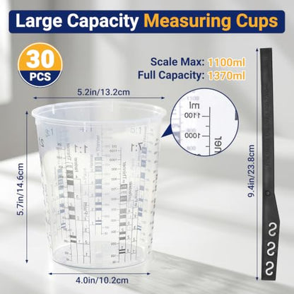 30 Pack 37oz 1100ml Clear Plastic Paint Mixing Cups with 30 Stir Sticks - Disposable Graduated Measuring Cups for Paint, Resin & Epoxy with ML Scale & 3-Column Ratios (1:1-7:1) for DIY Crafts - size: 37oz / 1100ml