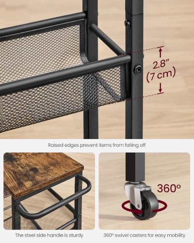 VASAGLE 6-Tier Slim Rolling Storage cart with Wheels, Metal - color: Rustic Brown + Matte Black, size: 6 Tiers (8.7"D x 51.7"H)