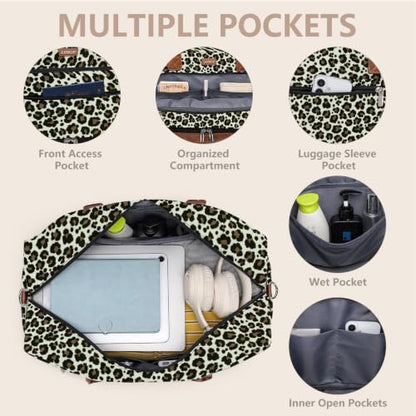 Large Women Travel Weekender Bag: Carry on Duffle with Shoe Compartment | Overnight Duffel Bags with Wet Pocket, Crossbody & Toiletry Bag, 3PCS Womens Traveling Tote Set for Hospital Gym Weekend Trip - color: Brown Leopard Print