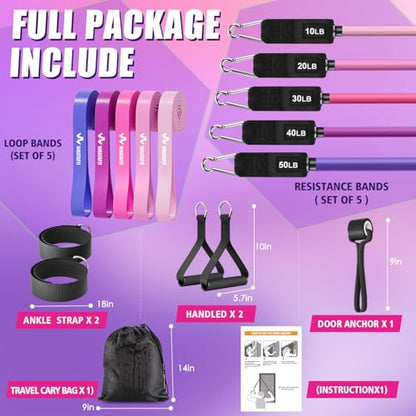 WHATAFIT Resistance Bands with Handles, 5-Level Exercise Bands for Workout - color: Pink Purple 16PCS
