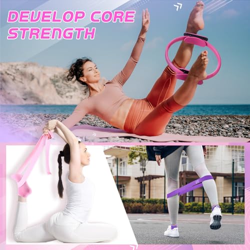 Poen Home Pilates Essentials Kit for Women 30 Pcs Pilates Ring and Ball Equipment Set with Yoga Ball Stretching Strap 8 Shape Resistance Bands Non Slip Sock Wristbands Gym Bags Exercise