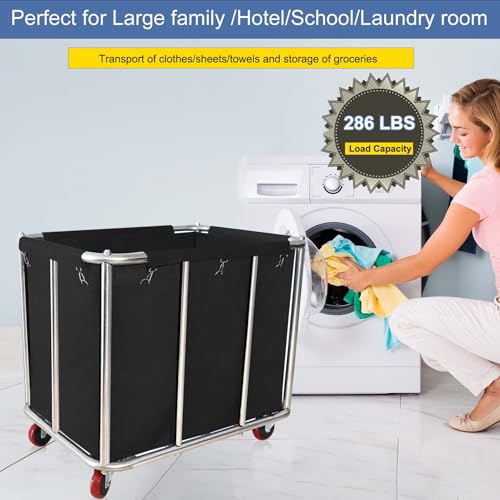 Laundry Cart with Wheels Commercial,400L Large Rolling Laundry Hamper - color: Black - 11.35 Bushels - Upgraded Version