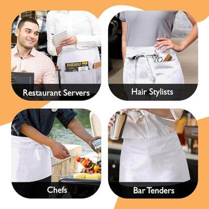 Avalon Kitchen Server Aprons with 3 Pockets – 100% Polyester Waist Apron, 24x12 Inch Half Apron, Waitress Apron for Servers - color: White, style: Pack of 4