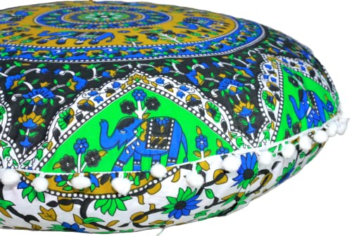 CRAFT KALA 22" Round Mandala Boho Pillow Cover Meditation Room Seating Poufs Cover for Living Room Yoga Room Home Bedroom Balcony Garden Party Decoration Cotton Floor Cushion Cover 22", Blue Elephant - color: Blue Elephant, size: 22"