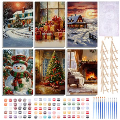 Honoson 6 Pcs Christmas DIY Paint by Number Kits for Adults | Framed Canvases with Easels, Snowman, Christmas Tree, Suitable for Beginners, Ideal for Wall decor and Stress Relief - style: Christmas