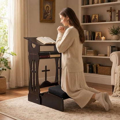 Foldable Prayer Kneeler,Wooden Prayer Bench with Storage Shelf, Cushion Pad,Portable Kneeling Devotional Pew Bench,31" H x 22" W,Ideal for Church and Chapel,Black