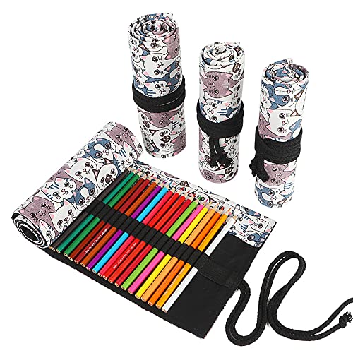 DIYOMR 24/36/72 Slots Pencil Wrap Pencil Rolls, Artist Colored Pencils Roll Up Bag Short Brushes Pouch Case Pencils Organizer for Drawing Coloring and Sketching,No Pencils (Big Headed Cat, 24slots) - color: Big Headed Cat, size: 24slots