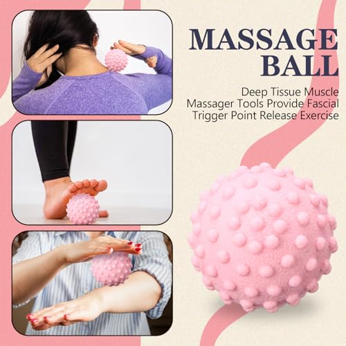 Arrowbash 5-in-1 Pink Yoga Wheel Set Back Stretcher Wheel Deep Tissue Massage Foam Roller Trigger Point Relieve Ball, Resistance Loop Exercise Bands Massage Roller for Deep Tissue Yoga Beginner Gift