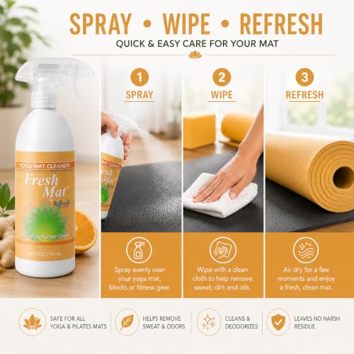 Fresh Mat Yoga Mat Cleaner Spray - Natural Deodorizing Cleaner for Yoga Mats & Fitness Equipment - No-Rinse, Residue-Free Formula with Witch Hazel & Essential Oil, Refreshing Citrus Ginger (12 fl oz). - size: 12 Fl Oz (Pack of 1)