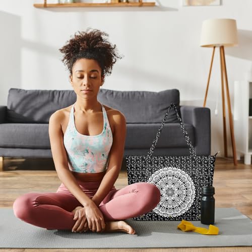 Yoga Bag for Women, Large Canvas Yoga Mat Tote Bag with Yoga Mat Carrier - color: Black Flower Mandala