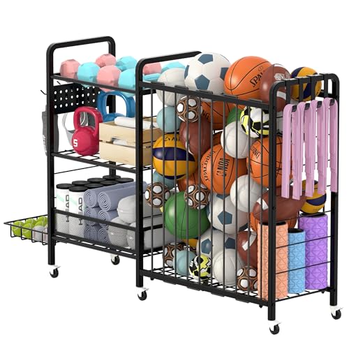 Sports Equipment Garage Organizer,Garage Ball Storage Rack for Sports with Wheels-Upgraded 3 Layers Organizer Rack Outdoor Basketball Racks for Balls with Holder and Hooks (Deep Black) - color: Deep Black