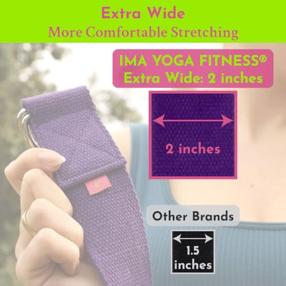 Extra-Wide 2 Inch Cotton Yoga Strap: Stretching, Physical Therapy, Exercise | Slip-free steel D-rings; adjustable; non-slip; 8 & 10 ft lengths; storage bag + e-book; hamstring & legs; flexibility & rehab - color: Purple, size: 8 feet