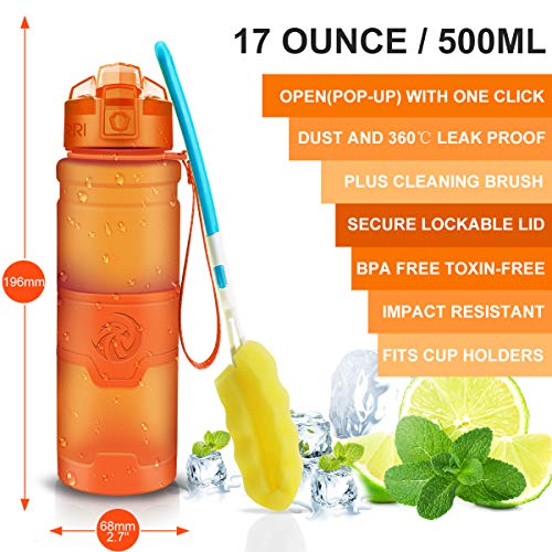 ZORRI Sports Water Bottle, 400/500/700ml/1L, BPA Free Leak Proof Tritan Lightweight Bottles for Outdoors,Camping,Cycling,Fitness,Gym,Yoga- Kids/Adults Drink Bottles with Filter, Lockable Pop Open Lid - color: Orange, size: 17 Ounces