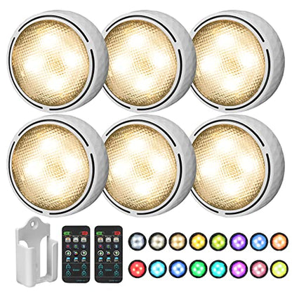 Onumii LED Puck Lights Battery Operated LED Under Cabinet Lighting Wireless Stick on Tap Lights with Remote Controll Color Changing Timer Function for Cabinets, Shelves, Closets - 6Pack White | 3x1.2in, Wireless, Adhesive Stick on, Push Tap for Cabinet, K