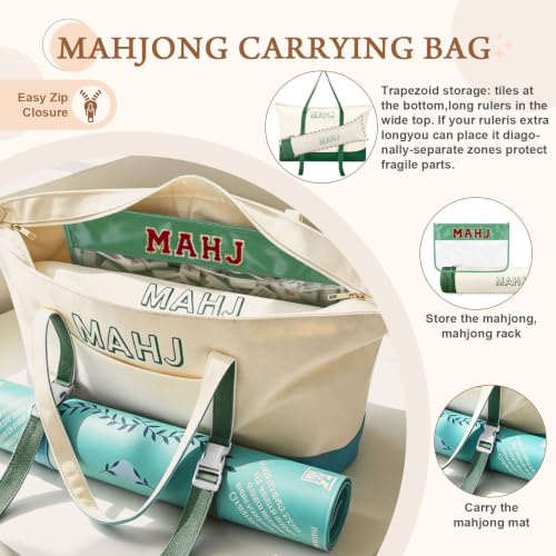 Mahjong Bag Storage Carrying Case for Tiles with Shoulder Strap (Green) | 3-Bag System, External Mat Strap, Large Capacity, Lightweight Canvas, Reinforced Stitching, Fast Packing. - color: Green