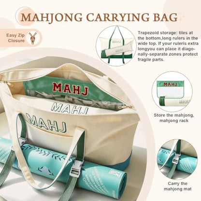 Mahjong Bag Storage Carrying Case for Tiles with Shoulder Strap (Green) | 3-Bag System, External Mat Strap, Large Capacity, Lightweight Canvas, Reinforced Stitching, Fast Packing. - color: Green
