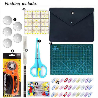 Rotary Cutter Set 96pcs,Quilting Kit Include 45mm Fabric Cutter with 5 Extra Blades,Patchwork Ruler, Needles, Clips & Pins for Sewing, Scrapbooking, Leather Dressmaking