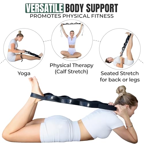 Stretch Strap with Loops Physical Therapy - Full Body Exercise Straps for Stretching with Detachable Foot - Leg & Calf Stretcher for Plantar Fasciitis, Physical Therapy, Pain Relief, and Flexibility - color: Black